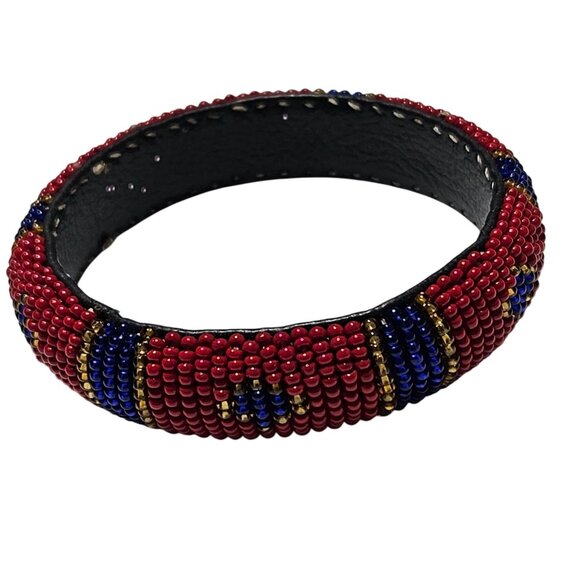 Handcrafted Beaded Bangle Bracelet Red Blue Gold Accents Statement Jewelry Women - Picture 1 of 4